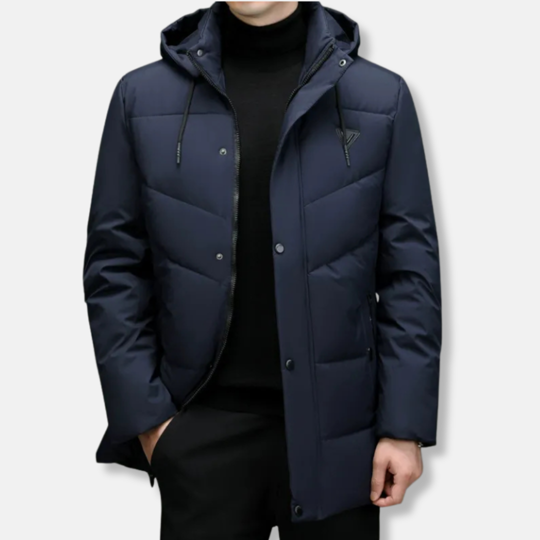 Men's quilted insulated urban parka coat mid-thigh length detachable hood cold-weather tailored silhouette