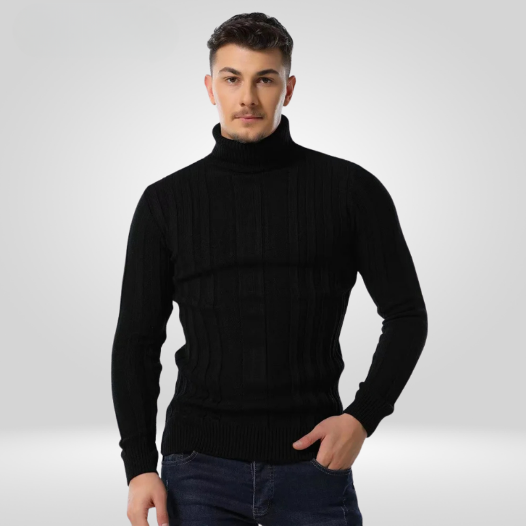 Men's ribbed turtleneck sweater slim fit structured silhouette versatile cool-weather knit layer