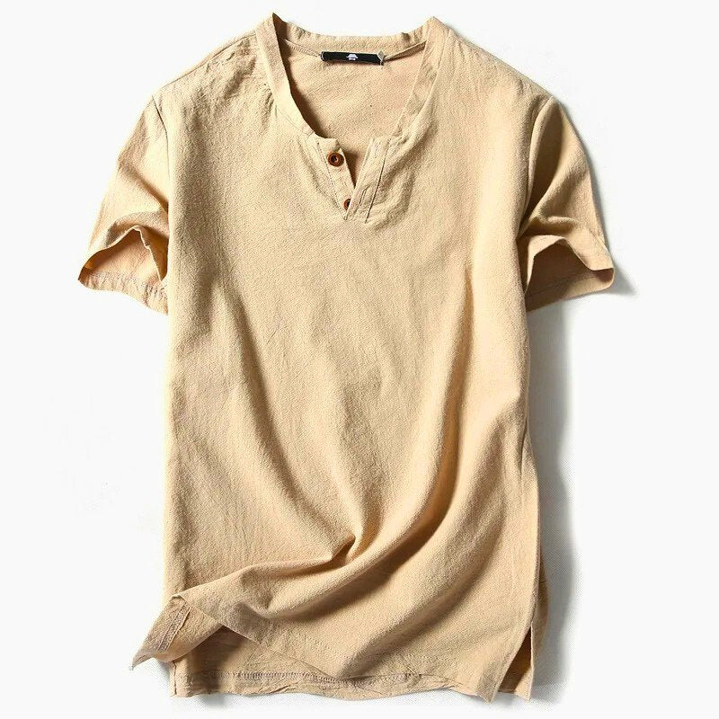 Unisex linen V-neck t-shirt lightweight breathable everyday casual tee natural fabric
