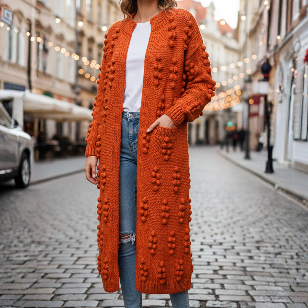 Women's long thick knit bohemian cardigan, open-front cozy outerwear with 3D raised knitwork