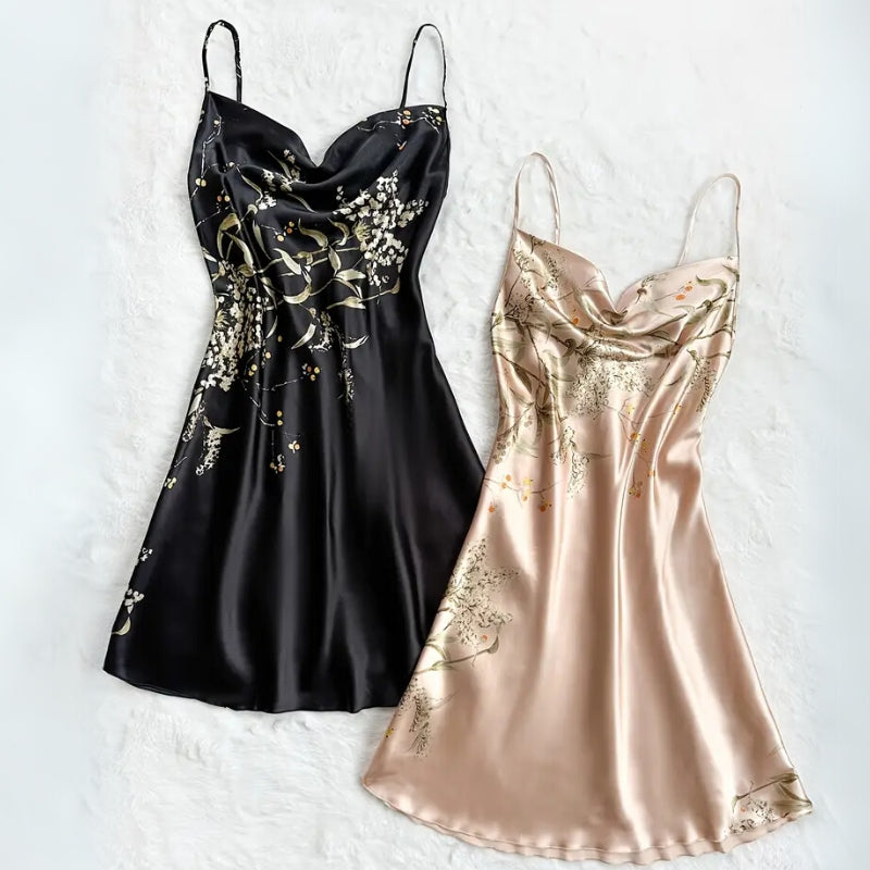 Women's floral satin nightie slip dress with delicate sheen and flattering silhouette fit