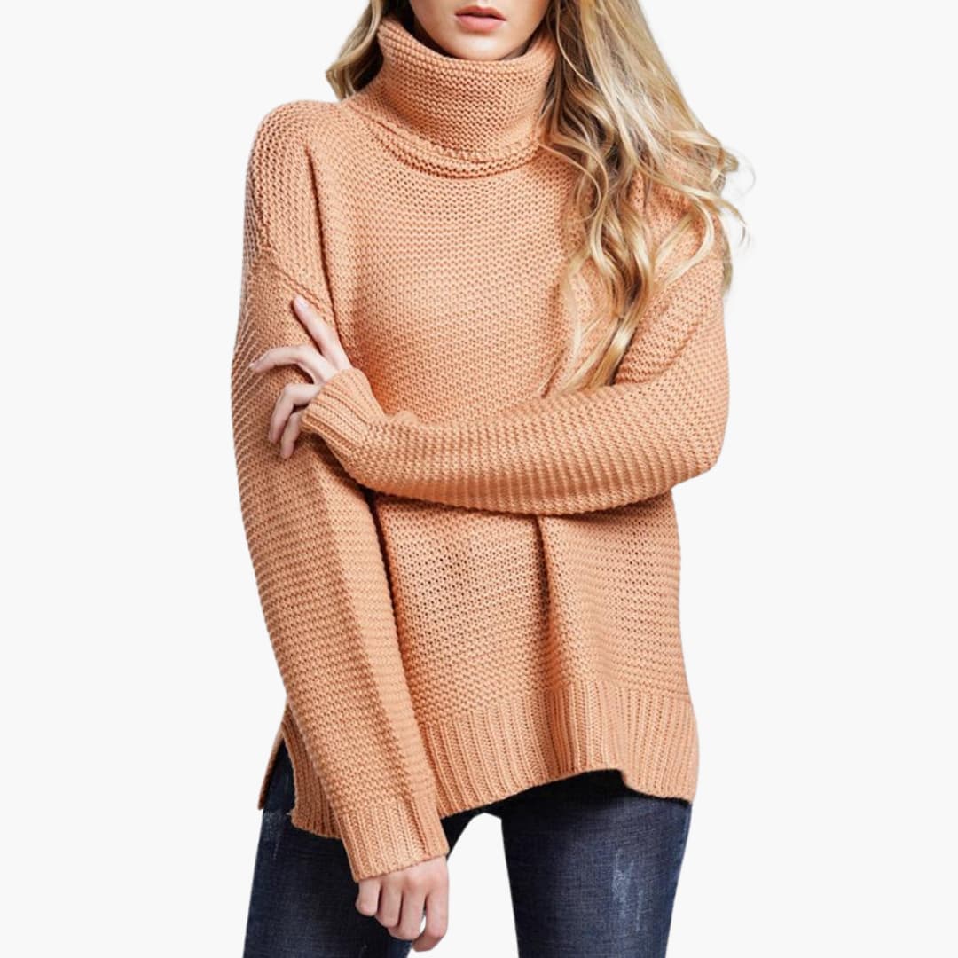Women's chunky knit turtleneck sweater, relaxed hip-length silhouette with ribbed cuffs for cozy wear