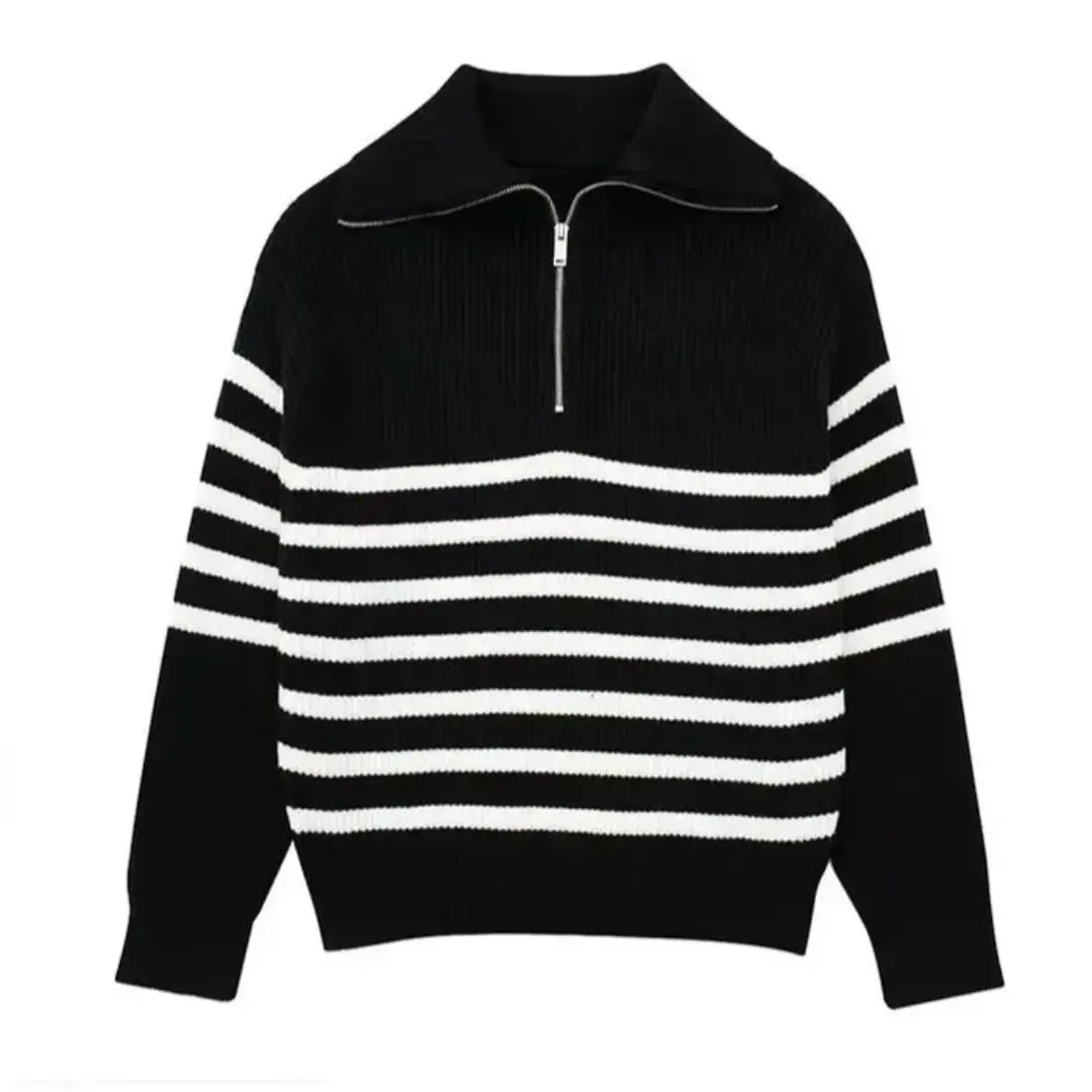 Unisex relaxed fit Nordic stripe zip-up sweater in nautical-inspired colors with easy zip collar