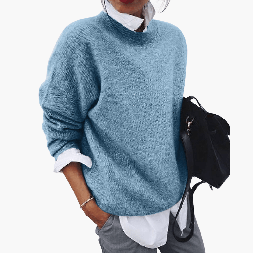 Women's beige oversized high collar knit sweater, ultra-soft cozy fit with elegant draped silhouette