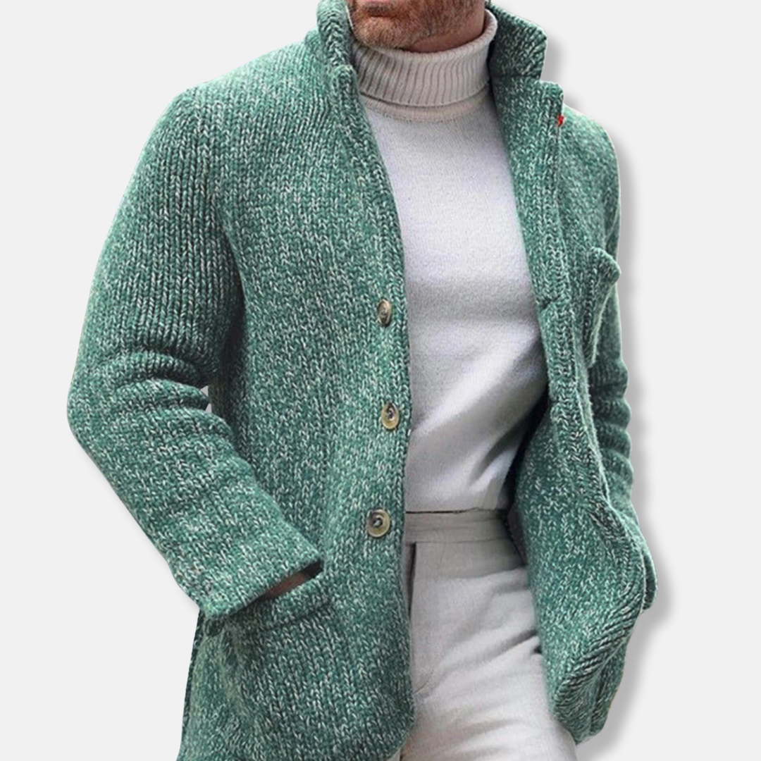 Men's textured knit cardigan stand collar single-breasted smart casual fall layer with patch pockets