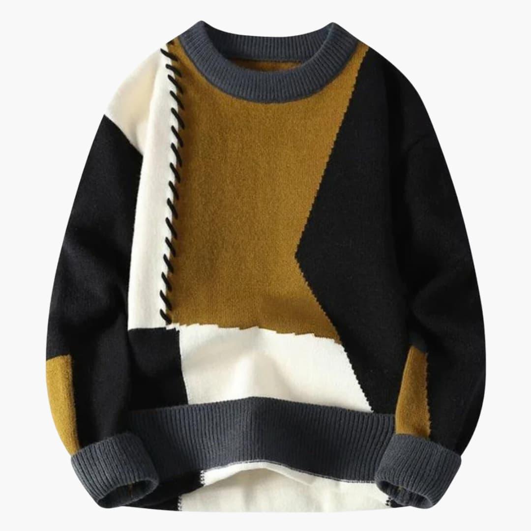 Men's multicolor patchwork knit sweater, color-blocked winter pullover with bold fashion-forward design