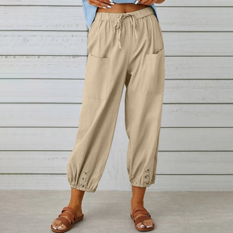 Women's wide leg cotton linen blend pants, relaxed everyday silhouette with gentle stretch