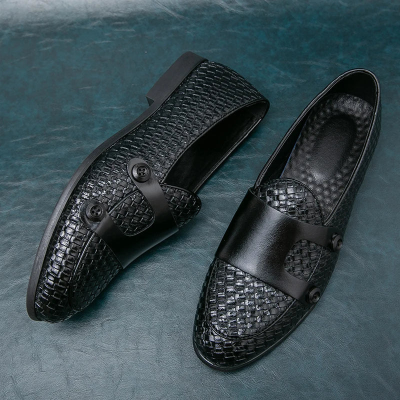 Lucca woven loafer with dual-button strap, basketweave texture, slip-on style, cushioned insole