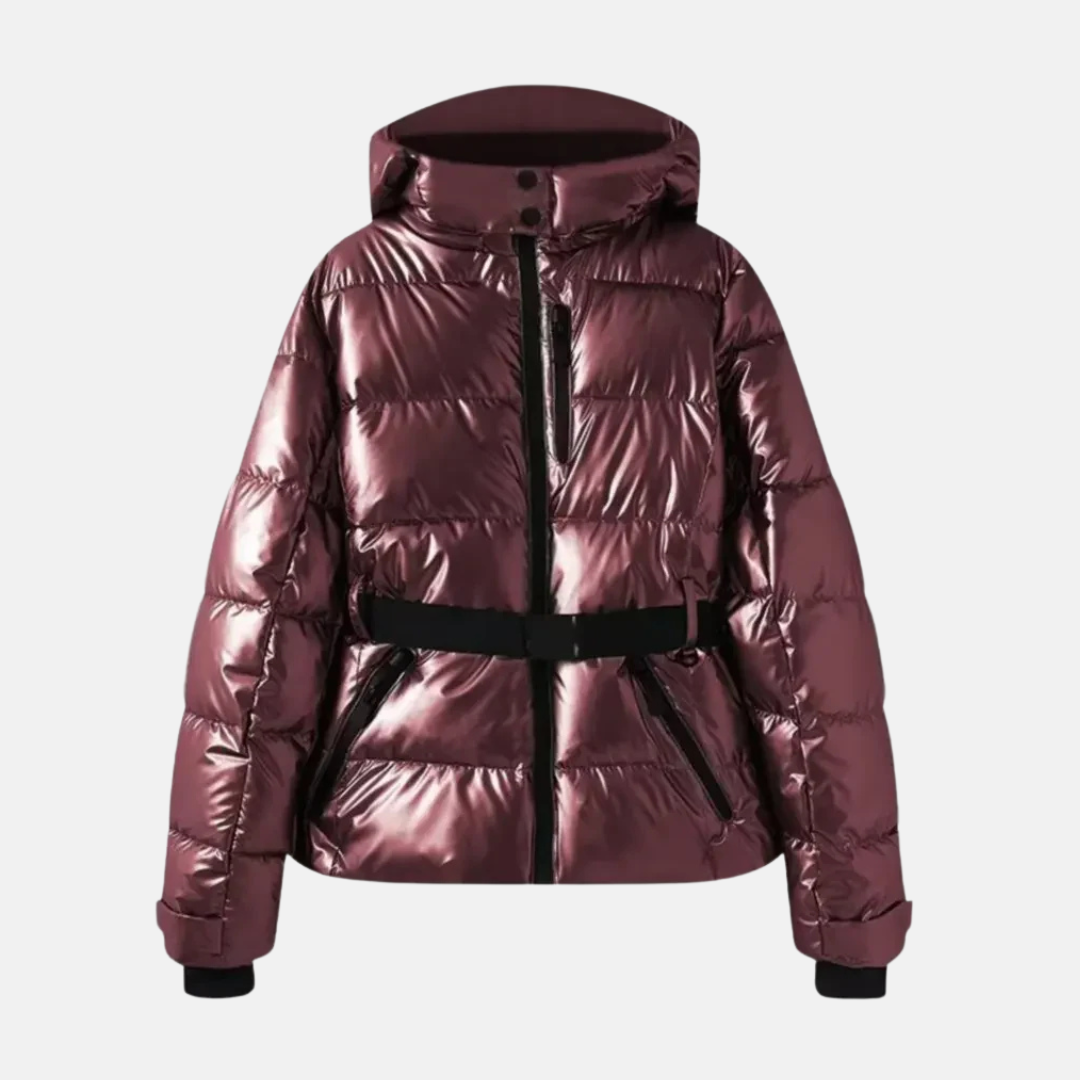 Women's insulated puffer ski jacket with belted waist, waterproof hood, and zip pockets