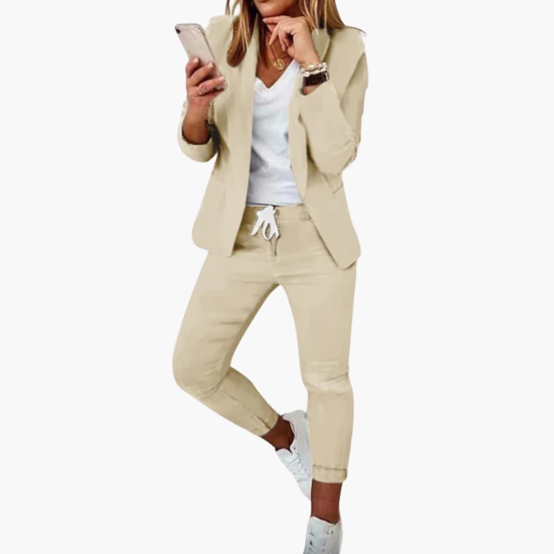 Women's lounge set blazer and joggers drawstring waist sophisticated two-piece comfortable ensemble