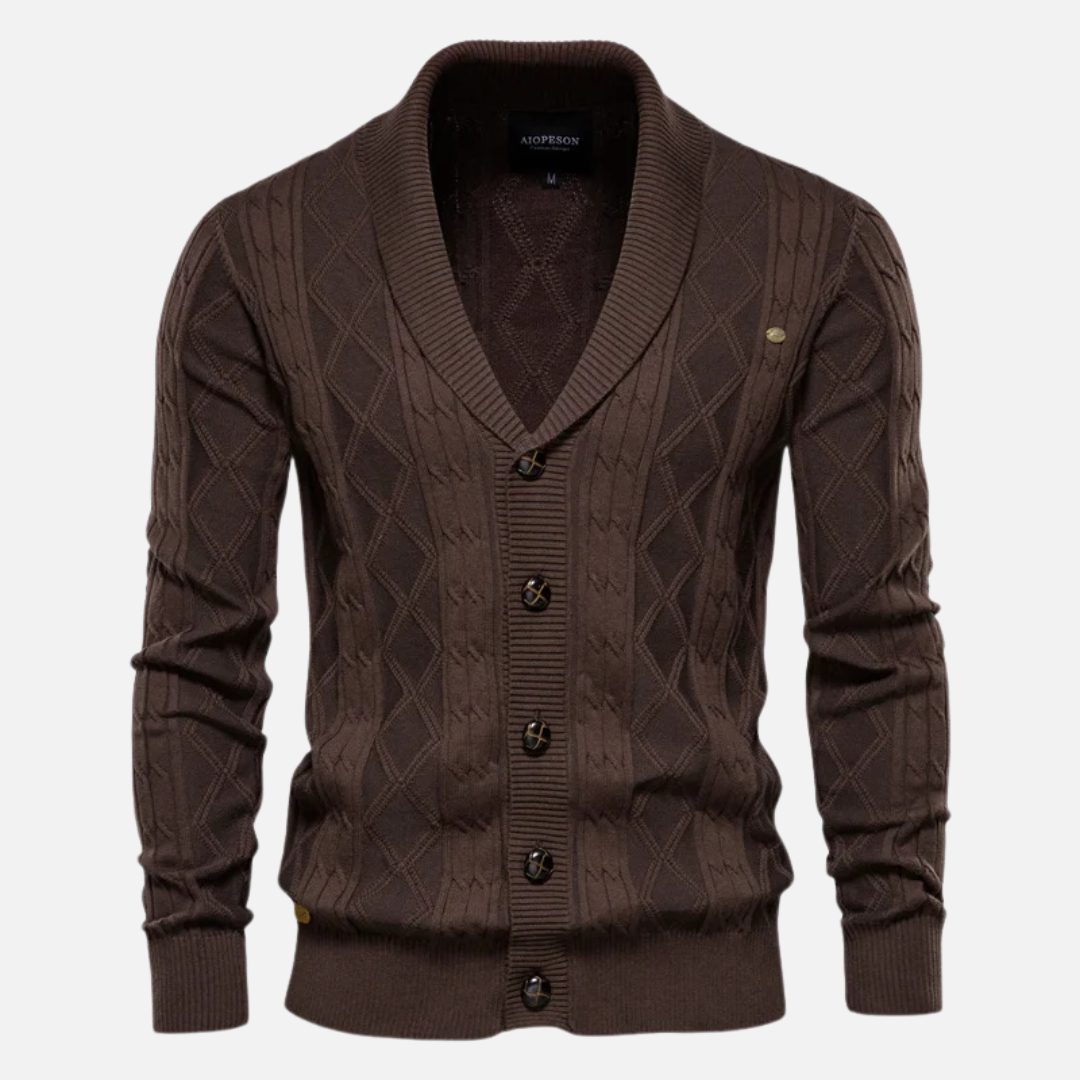 Men's argyle knit cardigan shawl collar cotton blend classic pattern timeless style layering essential