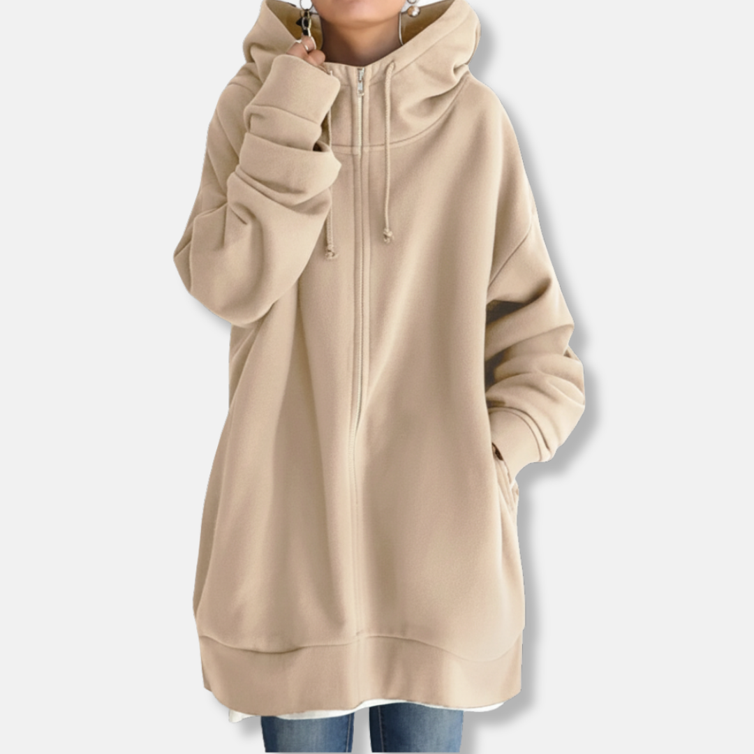 Women's oversized plush fleece zip-front hoodie in casual relaxed fit, perfect for cozy fall layering