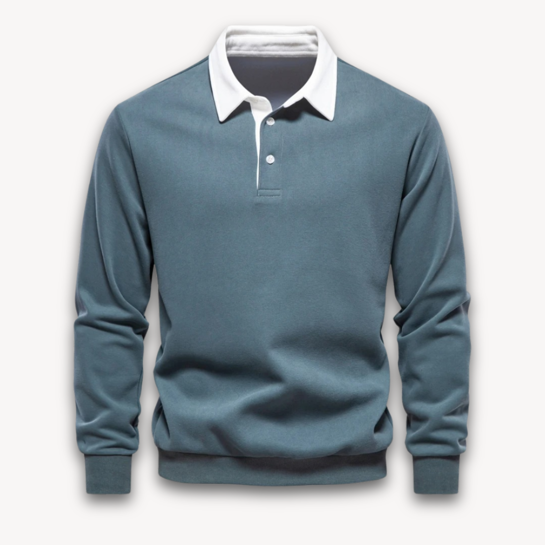 Navy regular fit long sleeve polo sweater soft cotton knit natural fiber modern men knitwear