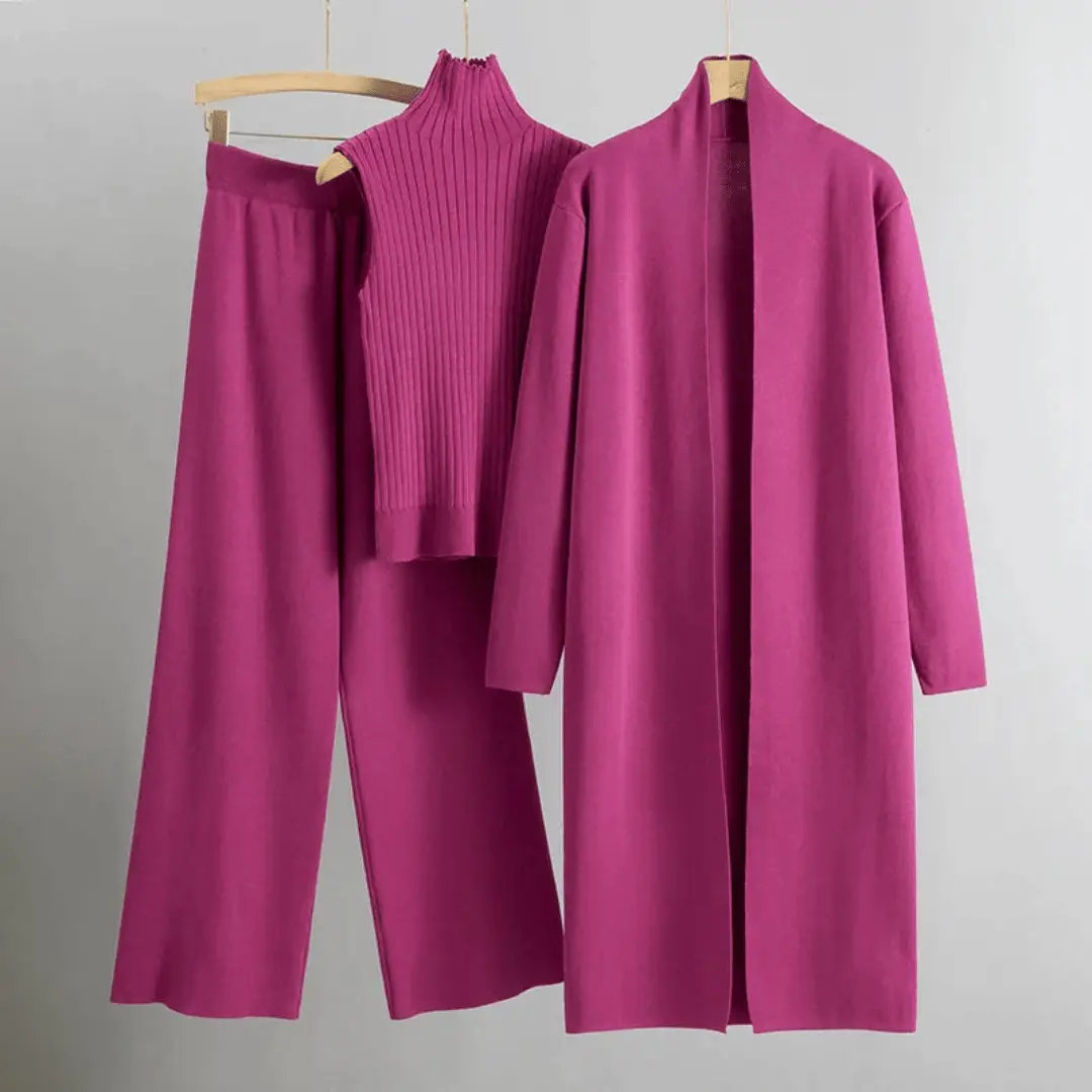 Women's beige open stitch cardigan 3-piece set with wide-leg pants and sleeveless turtleneck