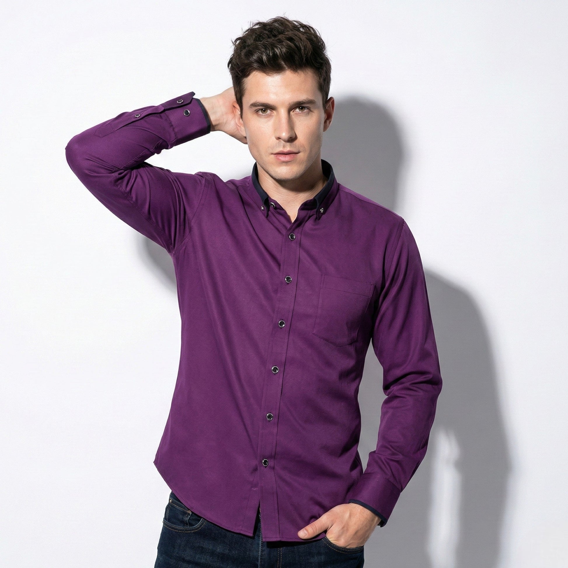 Men's white wrinkle-free stretch dress shirt with stand-up collar for professional wear