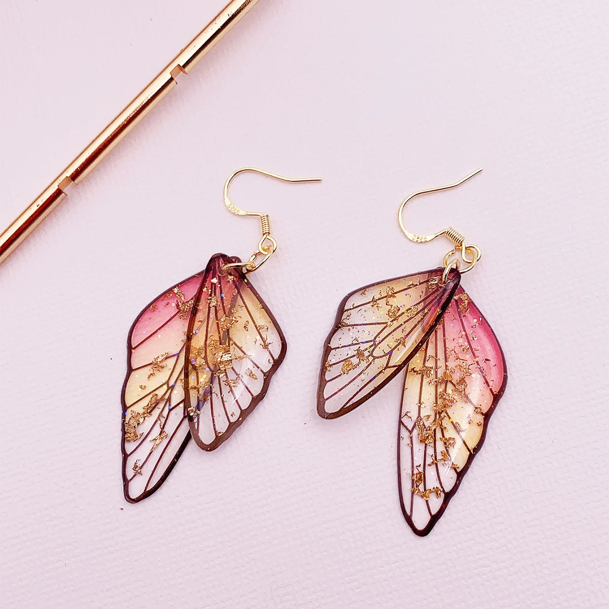 Ombré butterfly wing dangle earrings translucent resin gold foil double-wing layered silhouette ultra lightweight