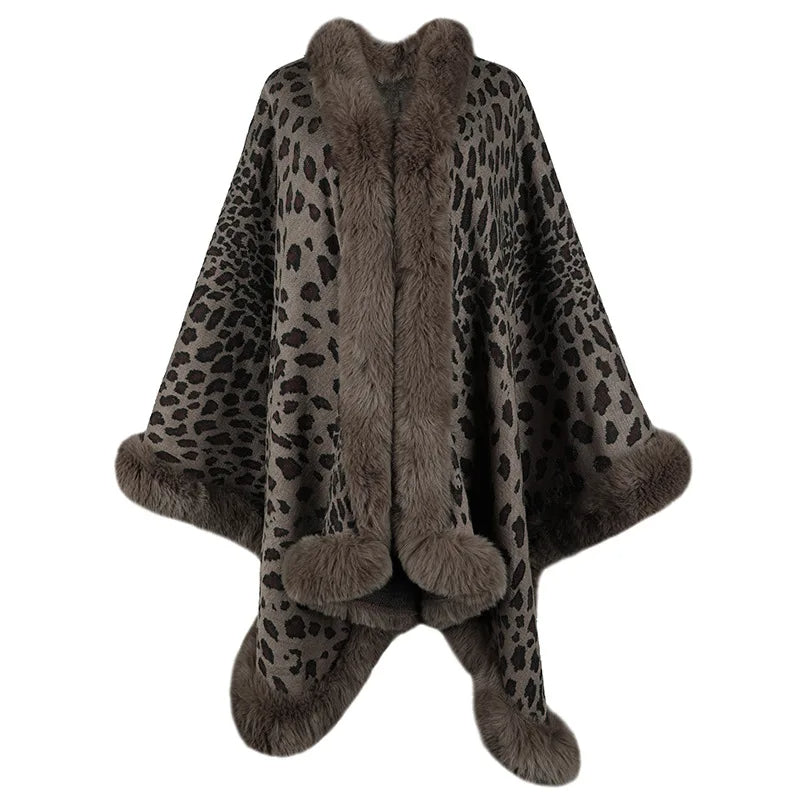 Women's leopard-print velvet shawl with faux fur trim, flowing silhouette, ultra-soft luxury wrap