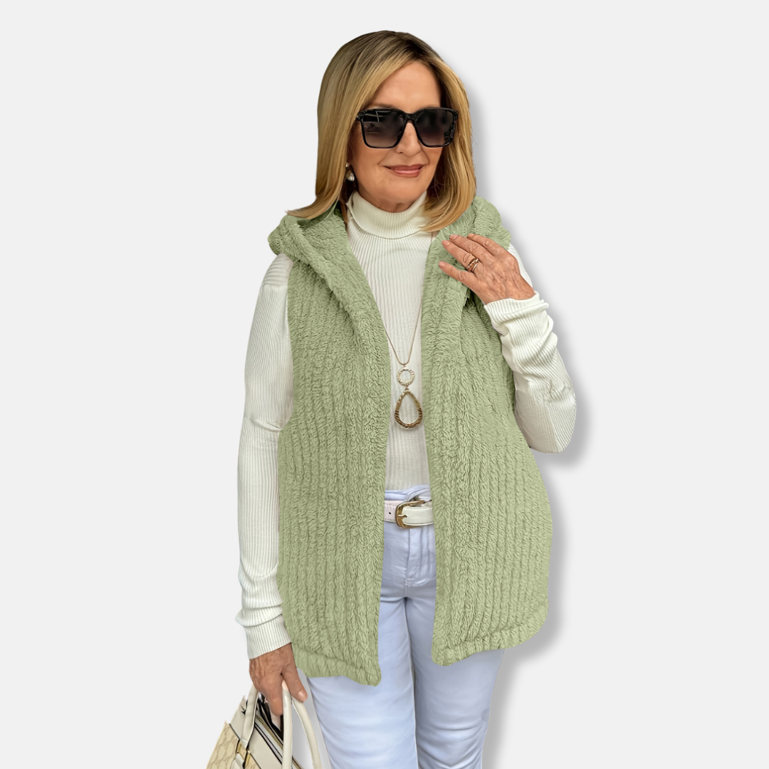 Women's ivory fleece hooded vest relaxed fit hip-length ribbed texture cozy layering piece