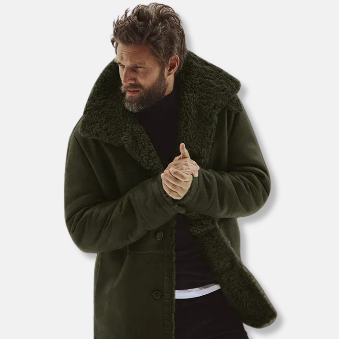 Men's wool blend parka relaxed fit mid-thigh length with button front and faux shearling trim