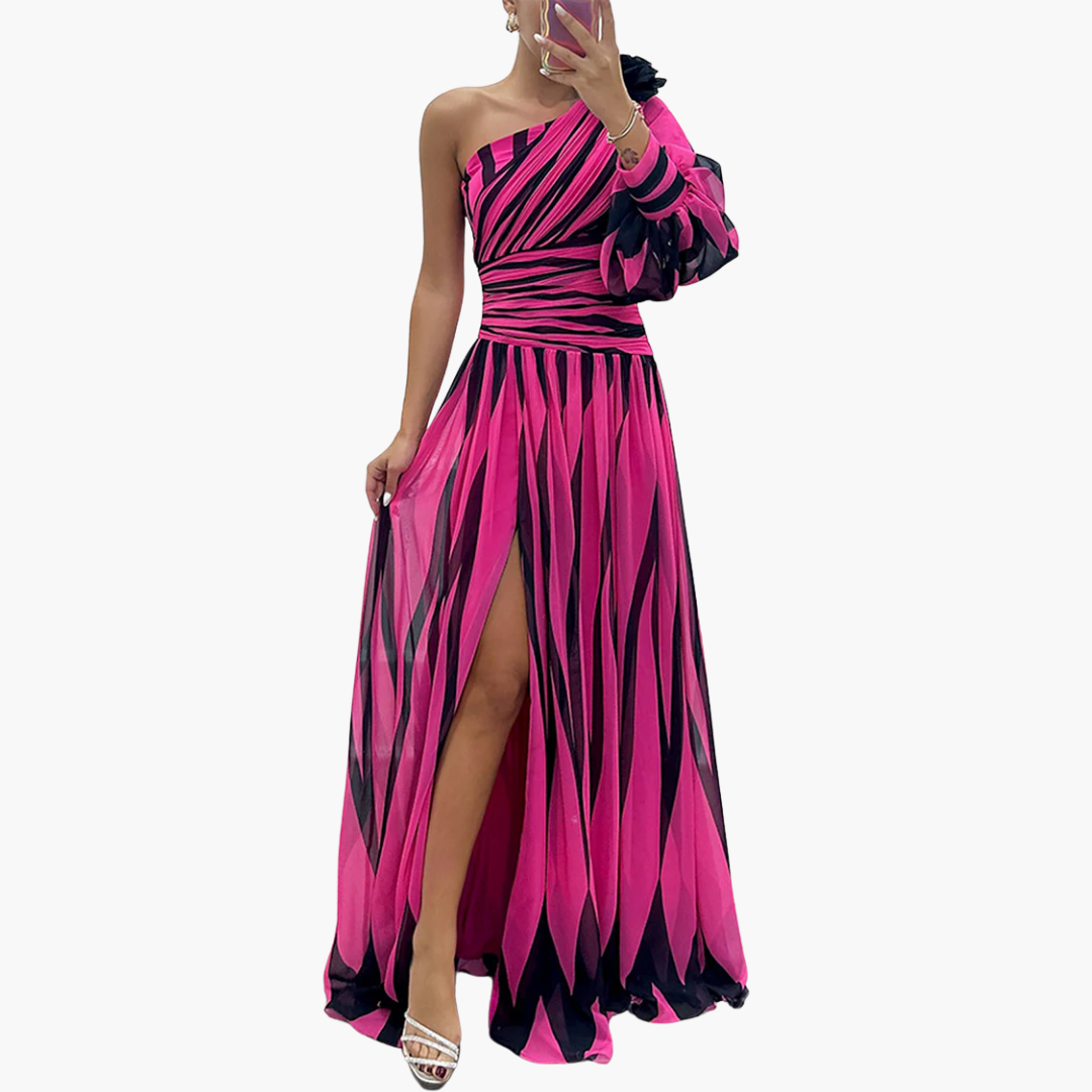Striped one-shoulder maxi dress with side slit, relaxed-fit elegant evening gown for women