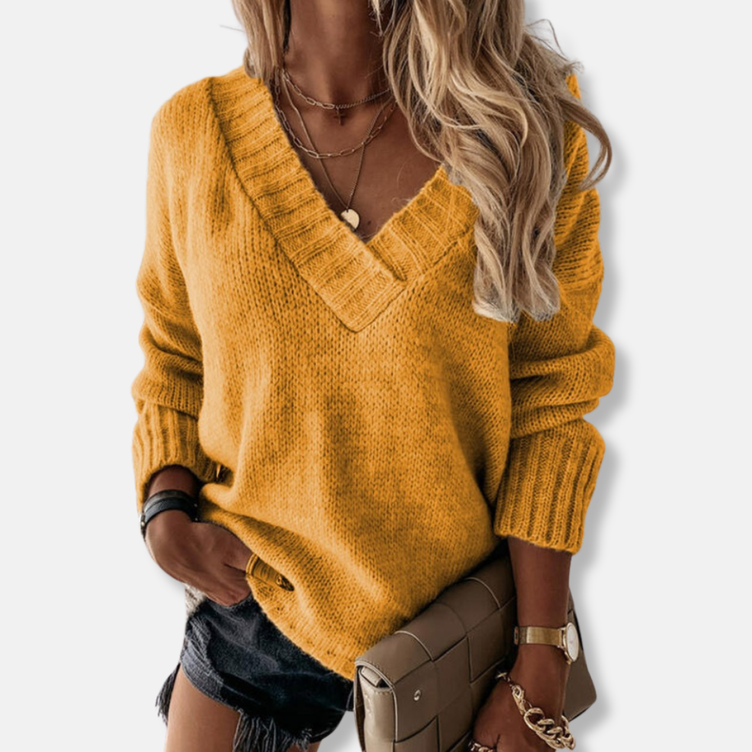 Women's relaxed fit knit sweatshirt deep V-neck long sleeve with ribbed hem in cozy neutral tone