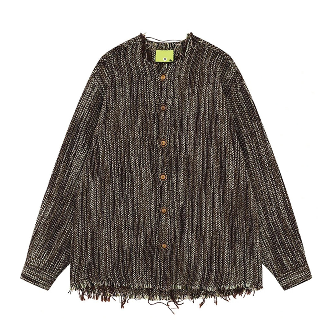 Textured cotton blend knit shirt with frayed hem, button-down front, relaxed fit in neutral tone