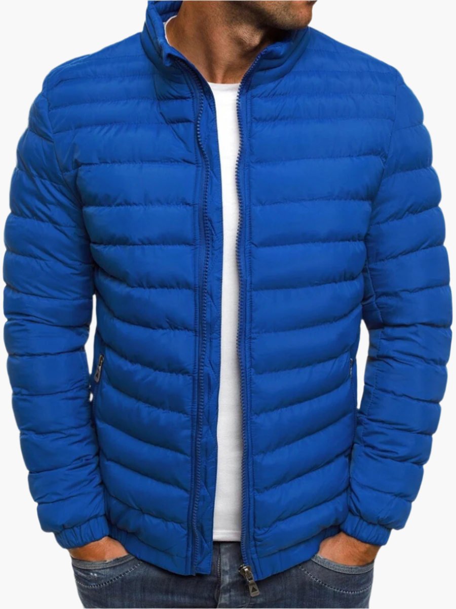 Men's navy quilted jacket slim-fit casual style with premium diamond-stitch pattern for transitional wear