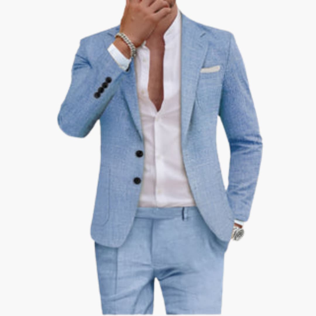Men's slim-fit cotton two-piece suit with lapel jacket and tailored pants for warm weather formal wear