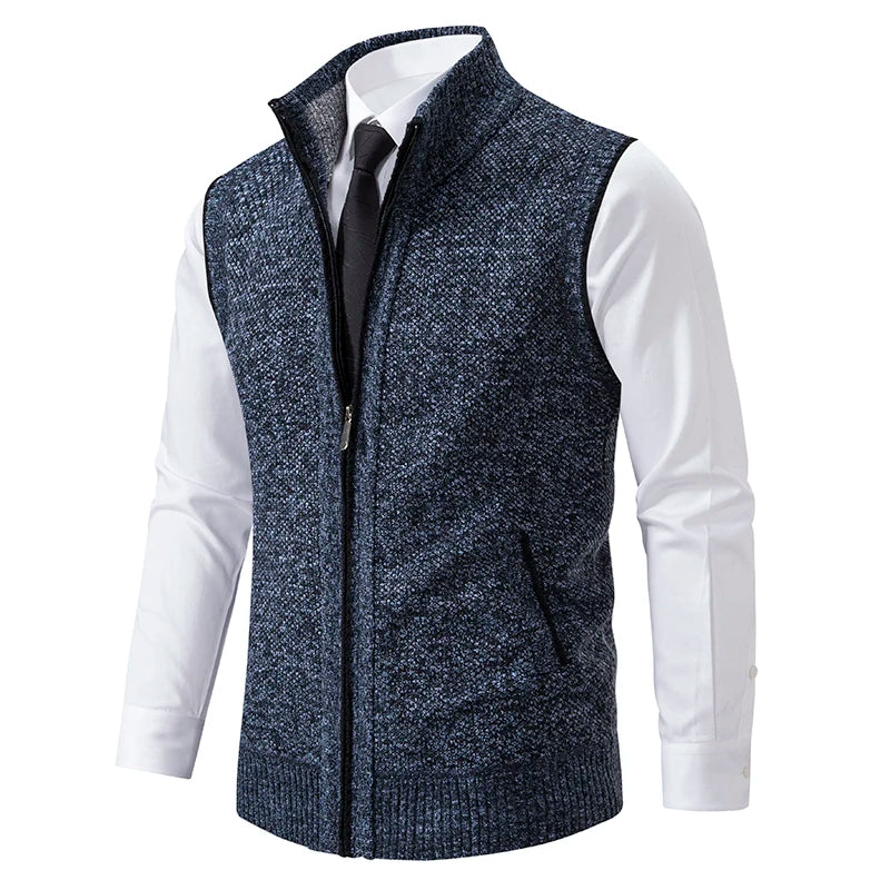 Men's wool full-zip vest with plaid lining, lightweight smart-casual layering piece in classic style