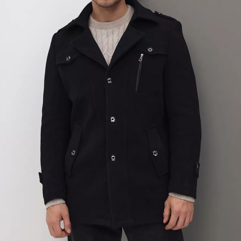 Charcoal wool blend overcoat with detachable scarf, tailored fit for professional winter style