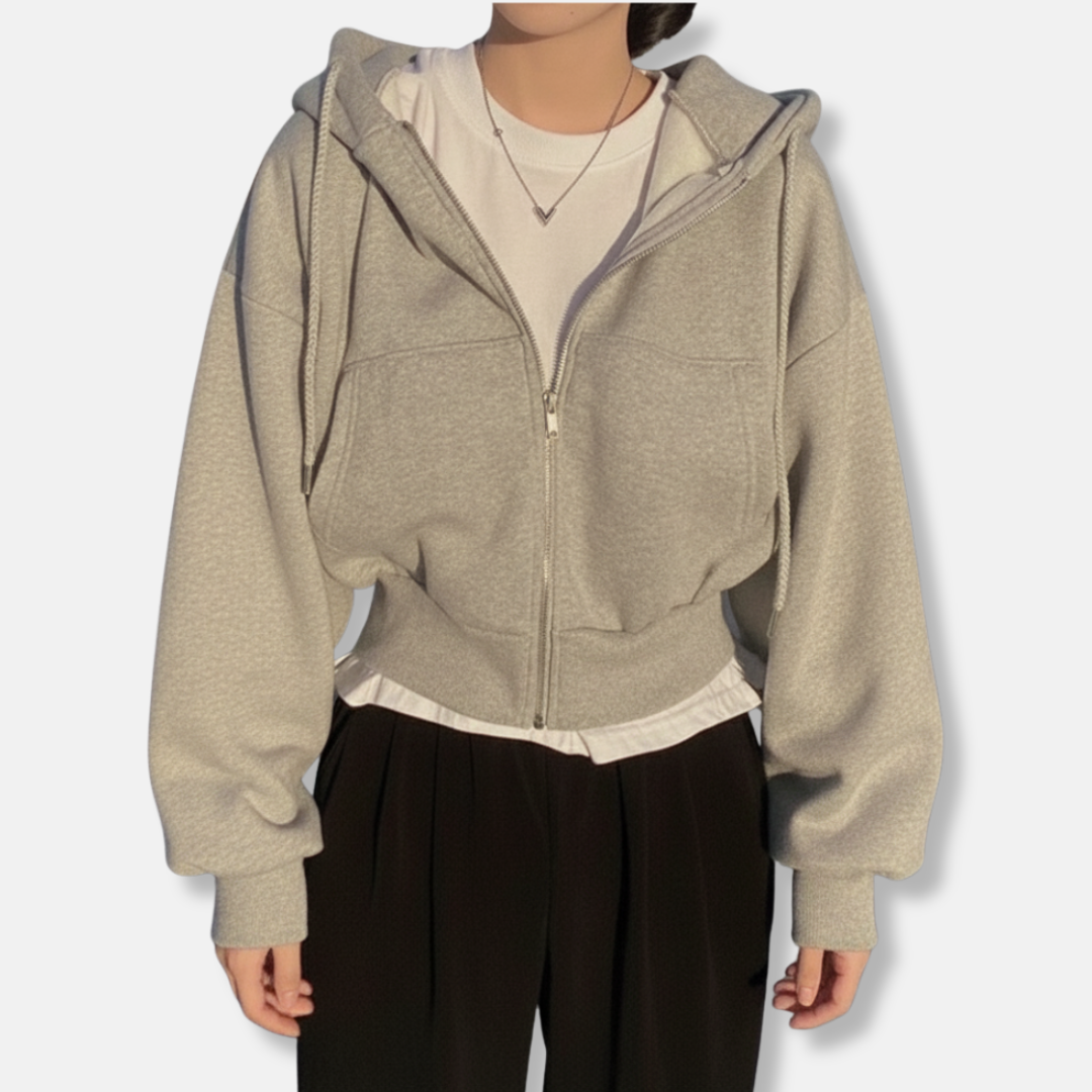 Women's oversized zip-up hoodie fleece-lined relaxed fit layering essential in neutral tone