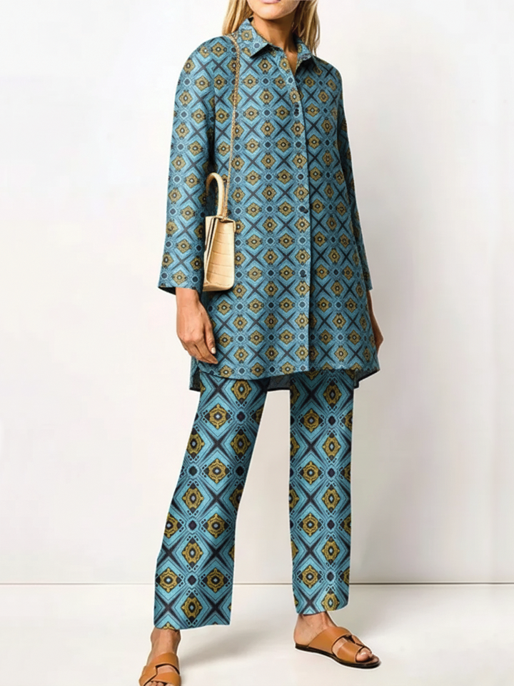 Women's beige woven two-piece set relaxed tunic top pointed collar straight-leg pants lightweight