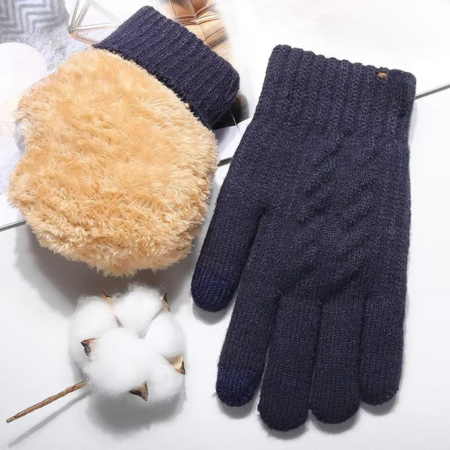 Men's black winter knit touchscreen gloves double-layer plush lining cold weather insulated