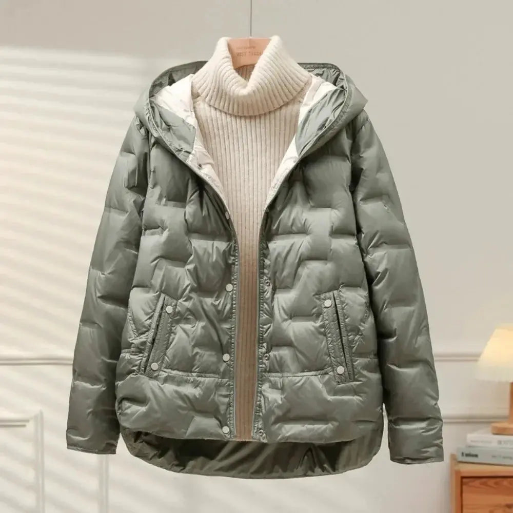 Women's quilted down puffer jacket warm duck fill snap closure lightweight insulated coat