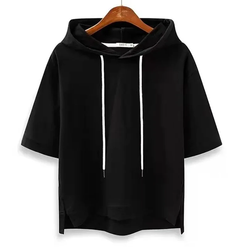 Unisex short sleeve hoodie relaxed boxy cotton blend lightweight breathable everyday layer
