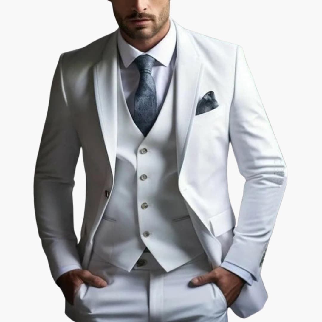 Men's three-piece classic business suit set in coordinated jacket, vest, and pants with two-button front