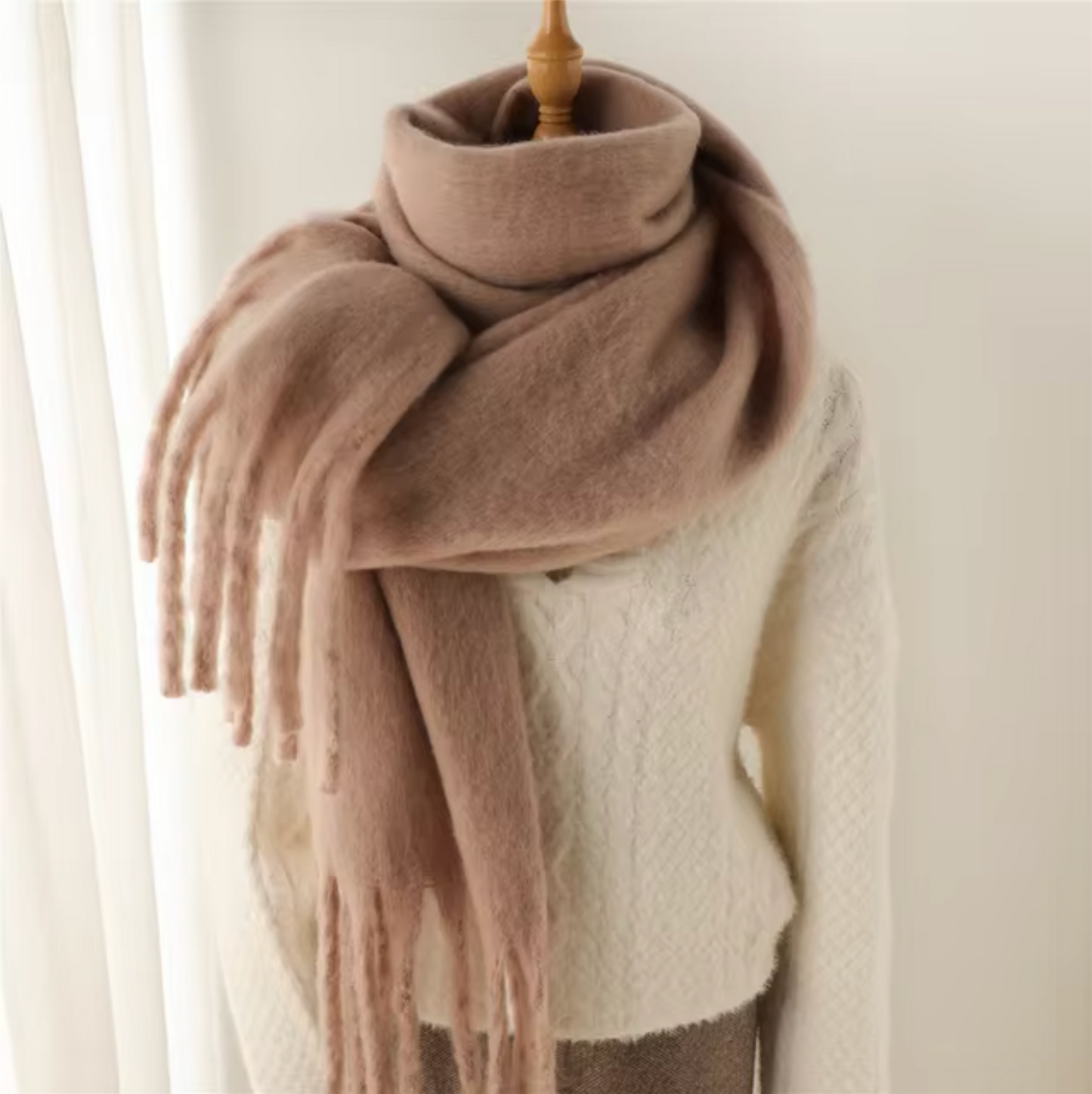 Women's cashmere-like pashmina winter scarf with long fringe, solid color, soft wrap style