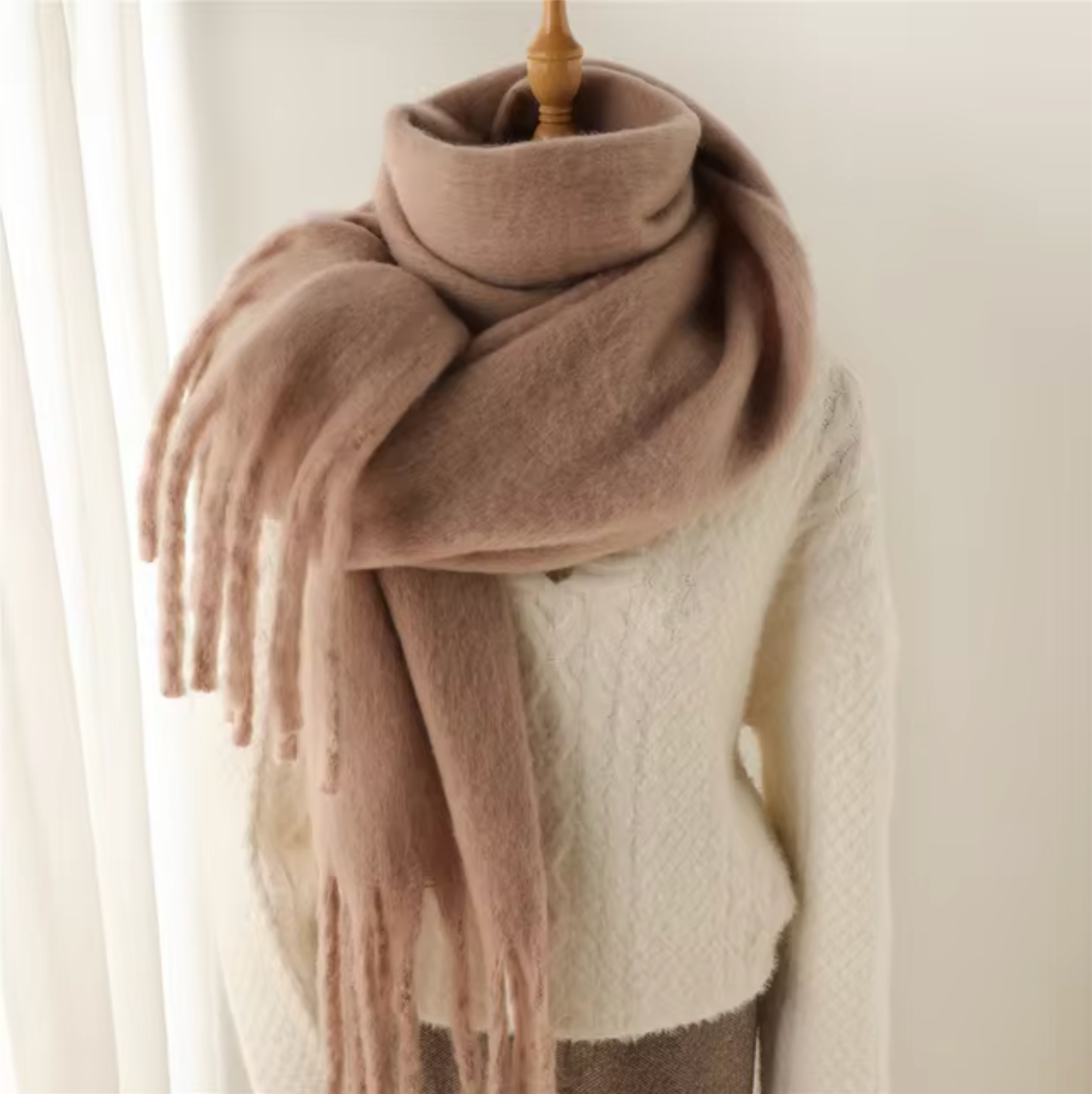 Women's cashmere-like pashmina winter scarf with long fringe, solid color, soft wrap style