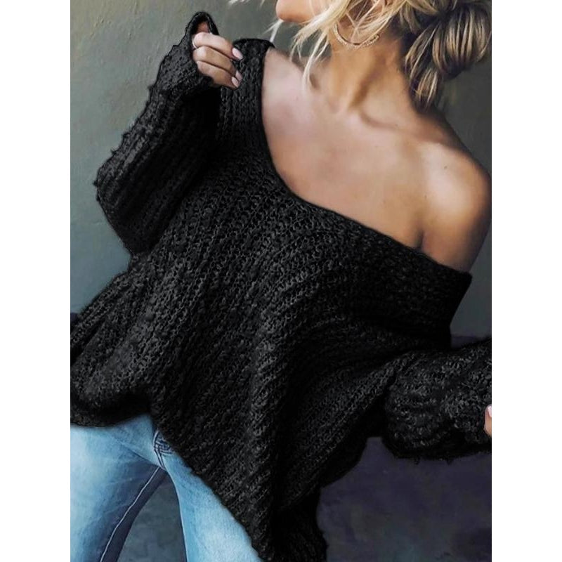 Women's relaxed drop-shoulder knit sweater soft textured fabric draped fit transitional layer