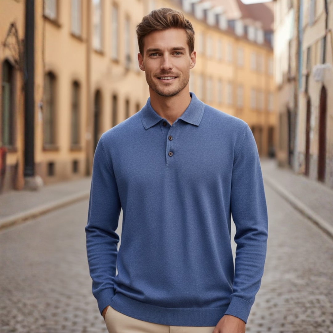 Men's long sleeve polo shirt classic knit three-button collar casual formal versatile fit