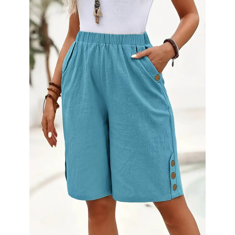 Women's cotton linen shorts beige casual relaxed fit lightweight breathable with functional side pockets