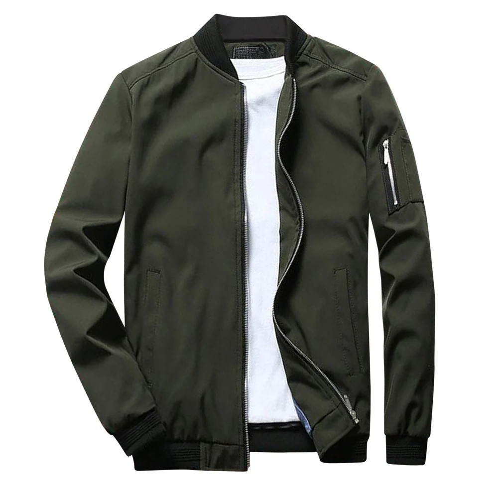 Men lightweight casual bomber jacket with zippered sleeve pocket, baseball collar, versatile everyday style