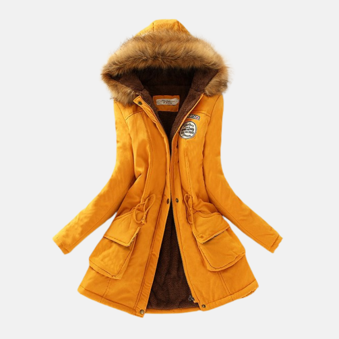 Women's olive green winter parka coat with cozy sherpa lining and detachable faux fur hood