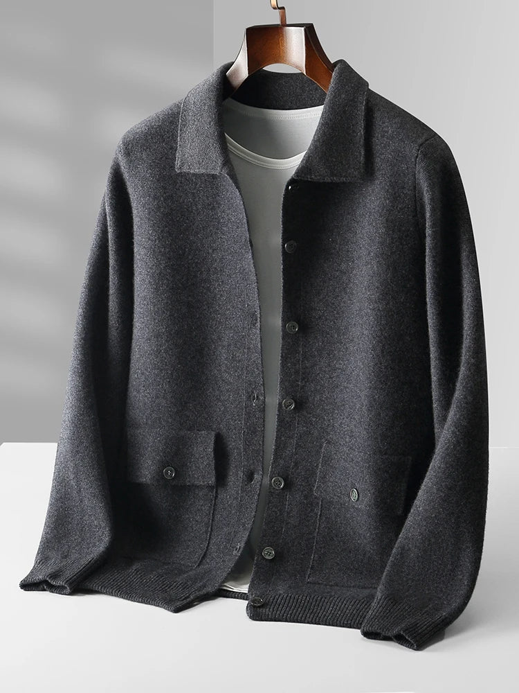 Unisex merino wool cardigan relaxed fit lightweight breathable layering piece in neutral tone