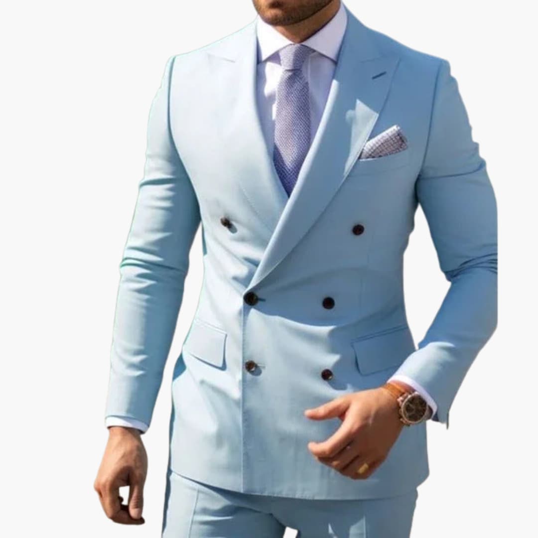 Men's dark double-breasted slim fit suit with peak lapels and six-button front for formal events