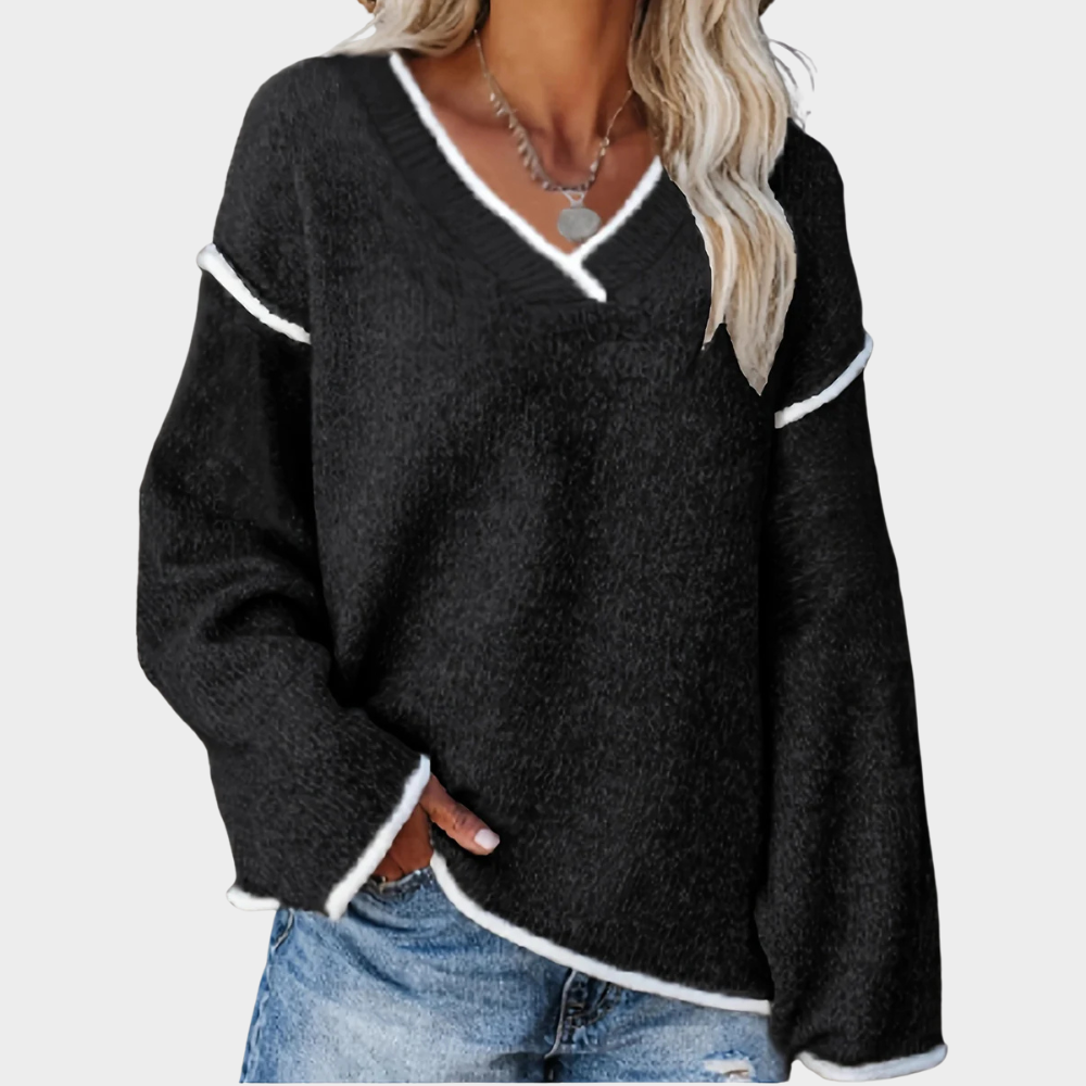 Women's relaxed V-neck knit sweater with contrast trim detailing, soft cozy casual chic style