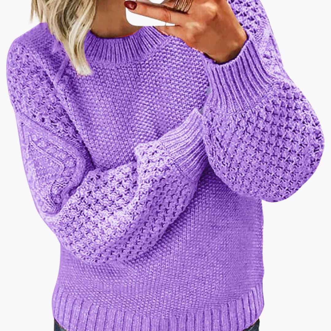 Women's knit sweater structured long sleeves ribbed hem round neckline clean lines everyday style