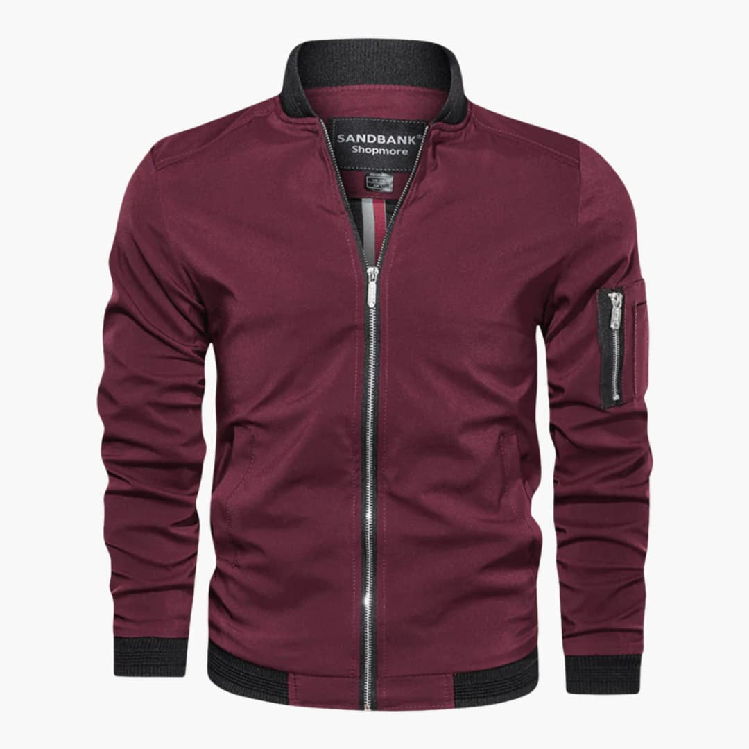 Men's black bomber jacket ribbed collar front zipper arm pocket urban casual streetwear style