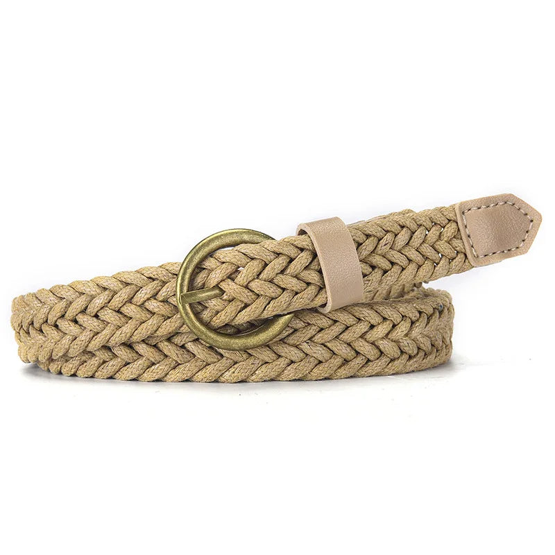 Milene unisex braided rope belt soft waxed texture vintage brass buckle no-holes flexible fit