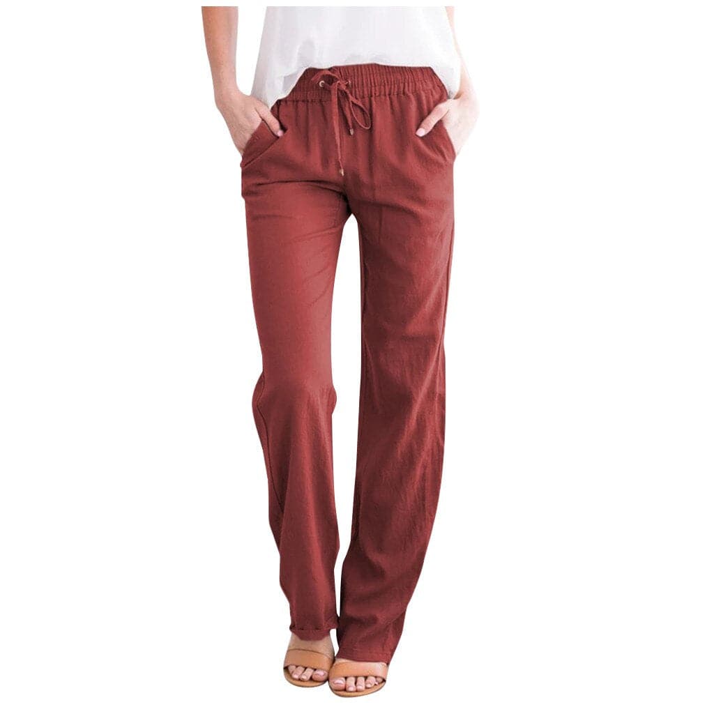 Women's beige linen relaxed fit pants with drawstring elastic waist and side pockets for all-day comfort